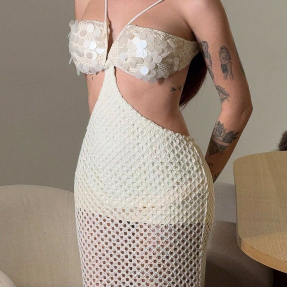 Apricot Elegant Women's Deep V Backless Sequin Embroidered Dress - Picture 3 of 6